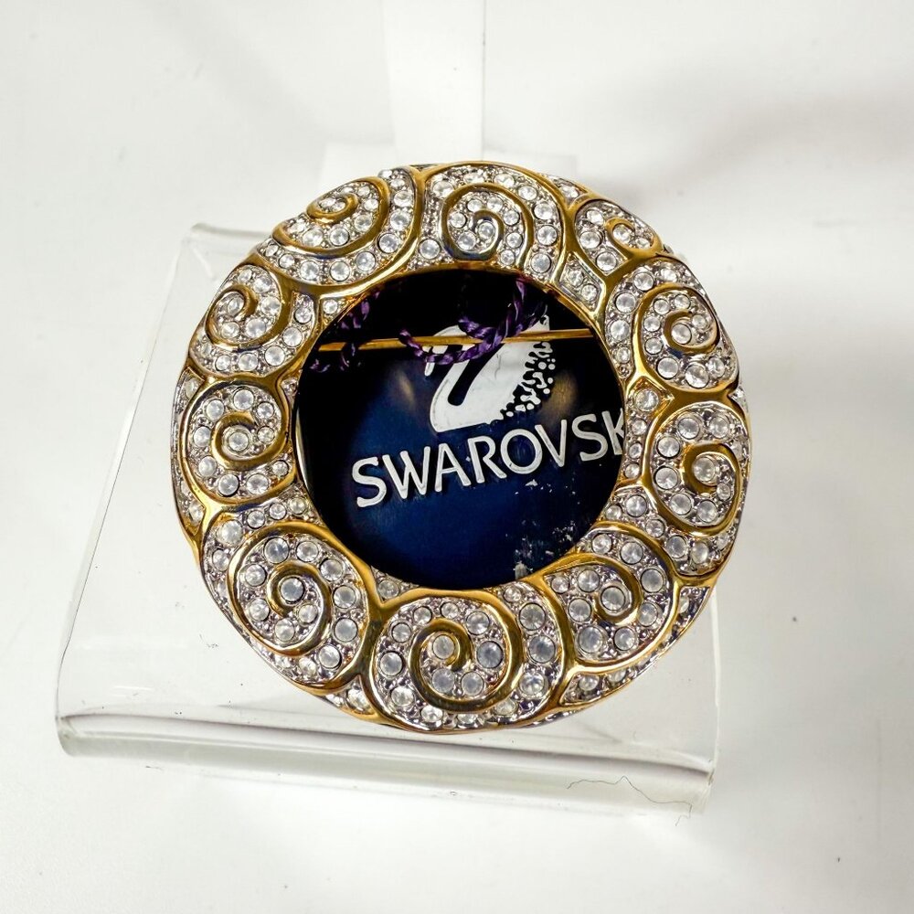 Swarovski Gold Tone Swirl Design Brooch & Clip-On Earrings Set Clear Crystals - Picture 2 of 8